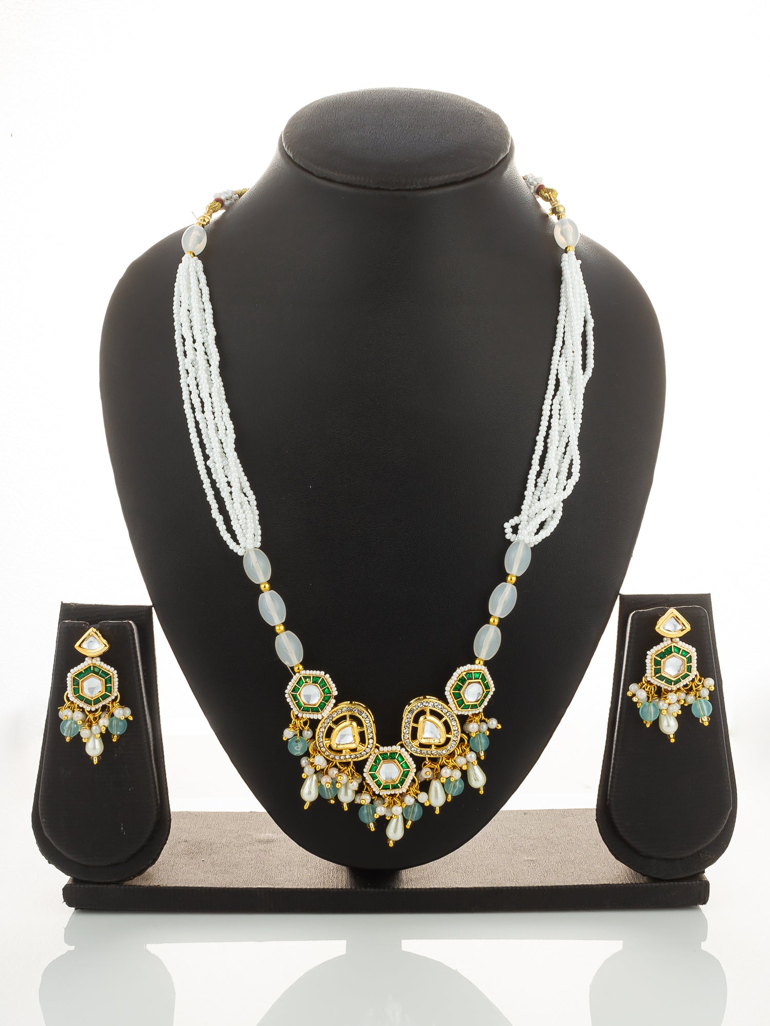 Aadita Gold Plated Kundan and Green Stone Multi-Strand Pearl Necklace Set