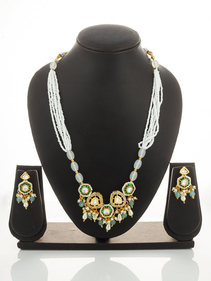 Aadita Gold Plated Kundan and Green Stone Multi-Strand Pearl Necklace Set