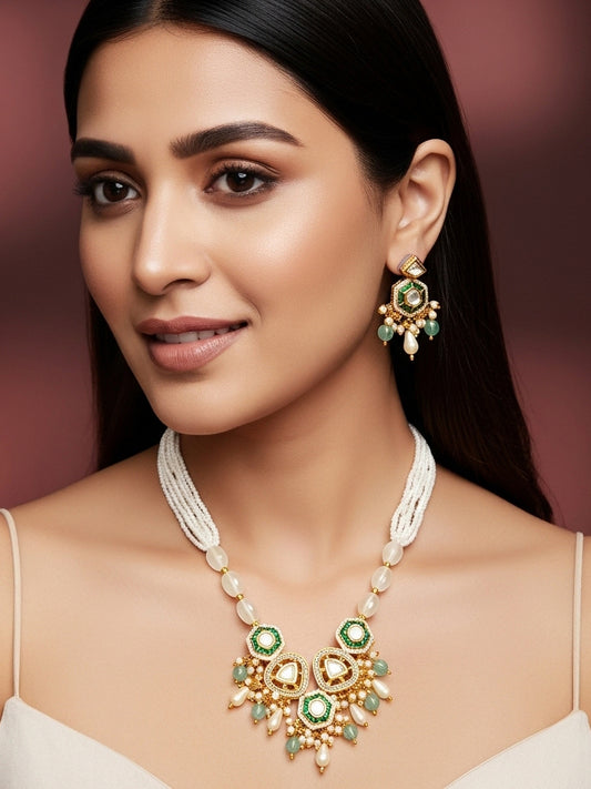 Aadita Gold Plated Kundan and Green Stone Multi-Strand Pearl Necklace Set