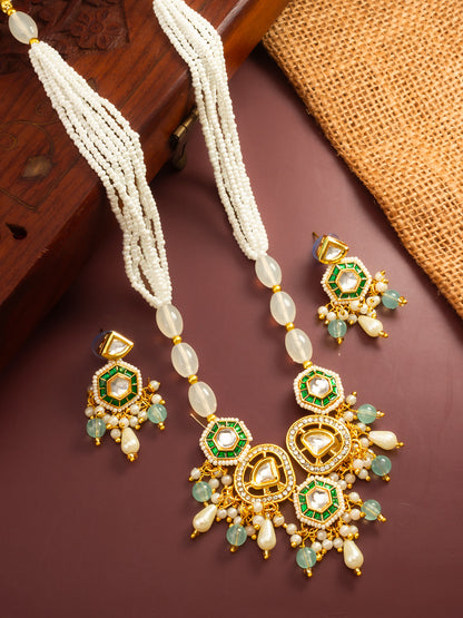 Aadita Gold Plated Kundan and Green Stone Multi-Strand Pearl Necklace Set