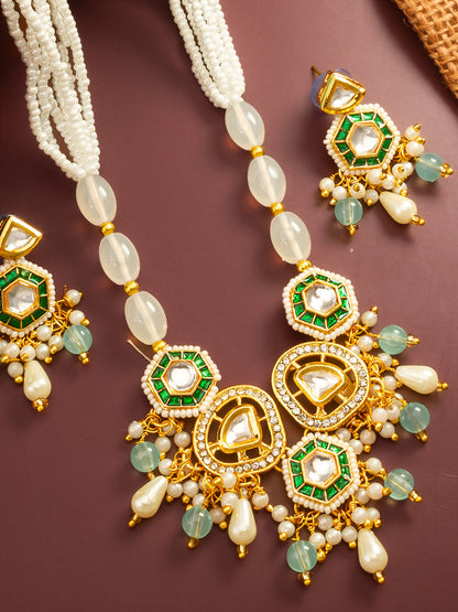 Aadita Gold Plated Kundan and Green Stone Multi-Strand Pearl Necklace Set