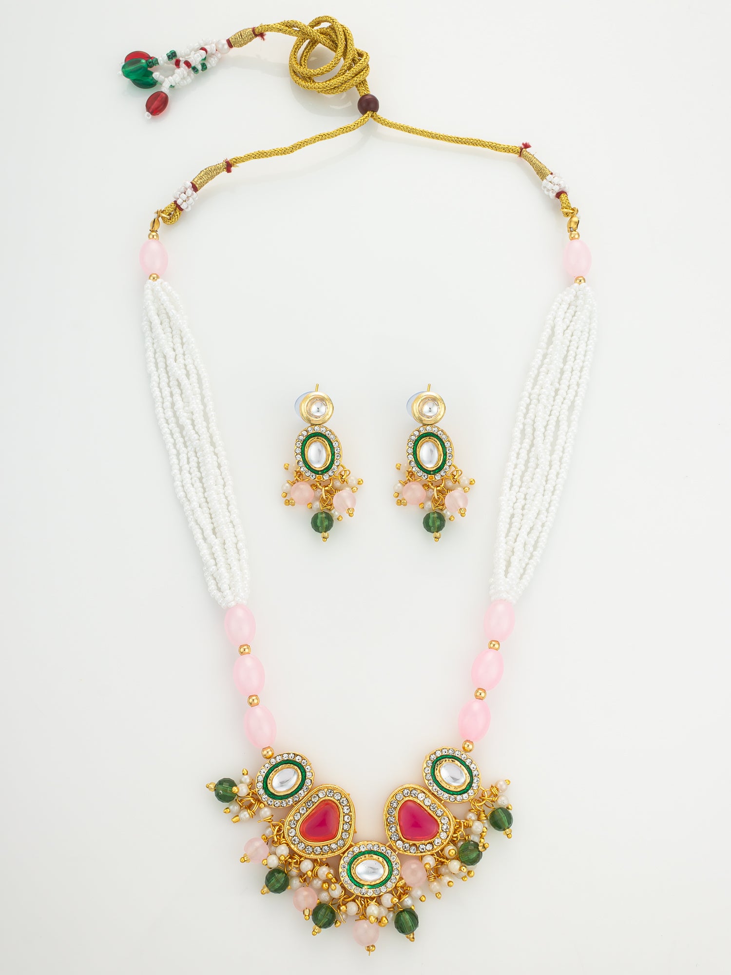 Aadita Gold Plated Kundan and Pink Stone Multi-Strand Pearl Necklace Set