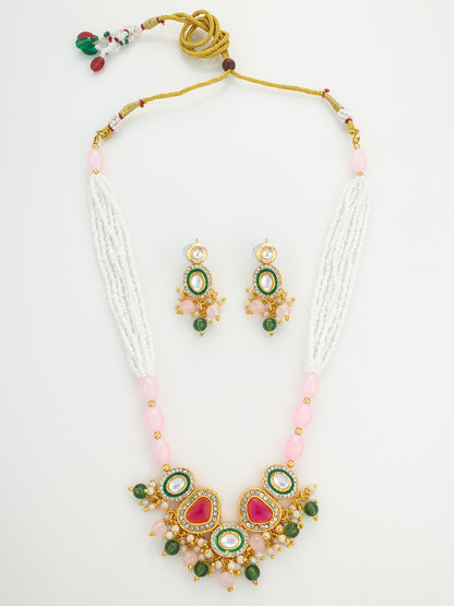 Aadita Gold Plated Kundan and Pink Stone Multi-Strand Pearl Necklace Set