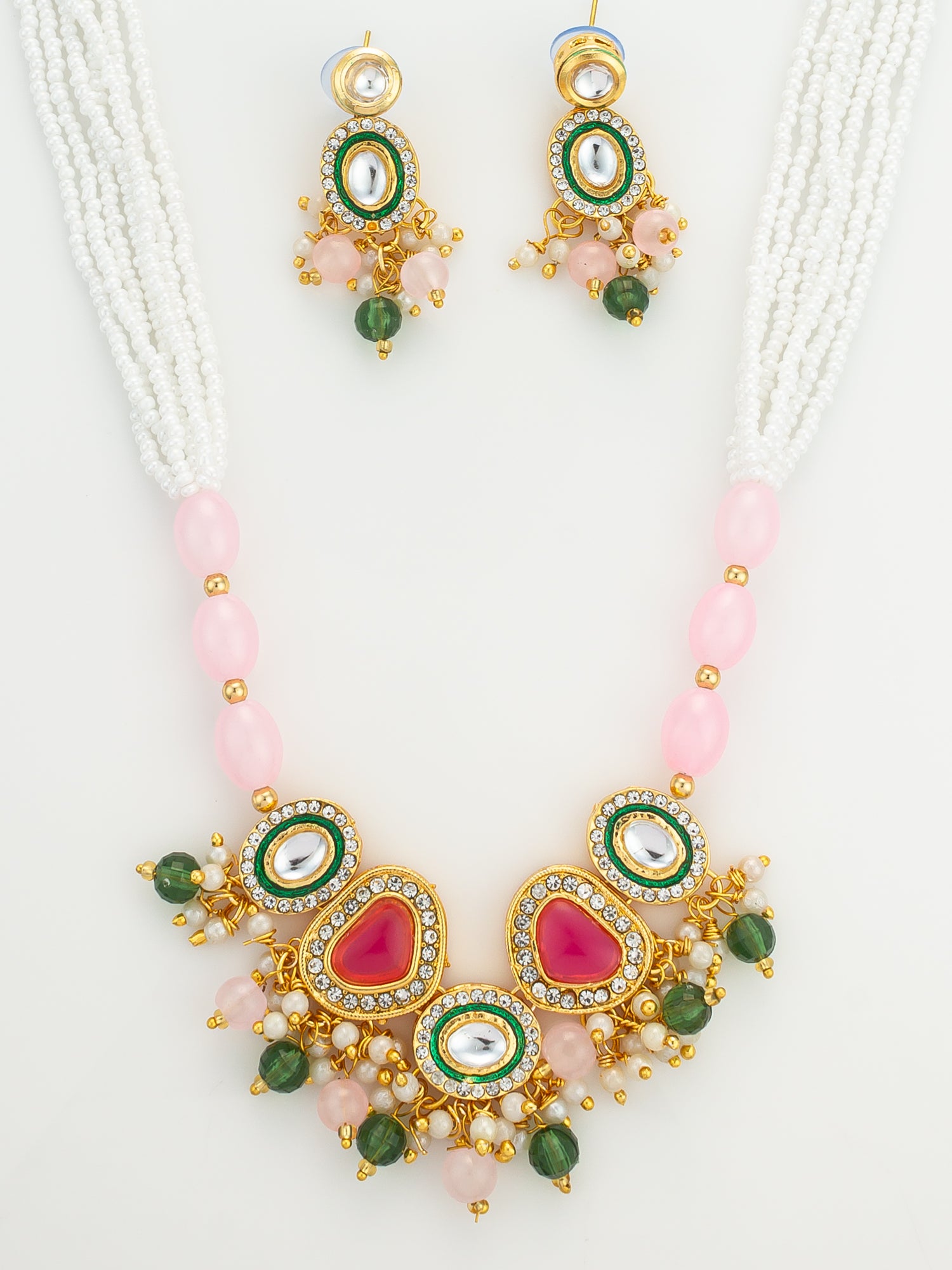 Aadita Gold Plated Kundan and Pink Stone Multi-Strand Pearl Necklace Set
