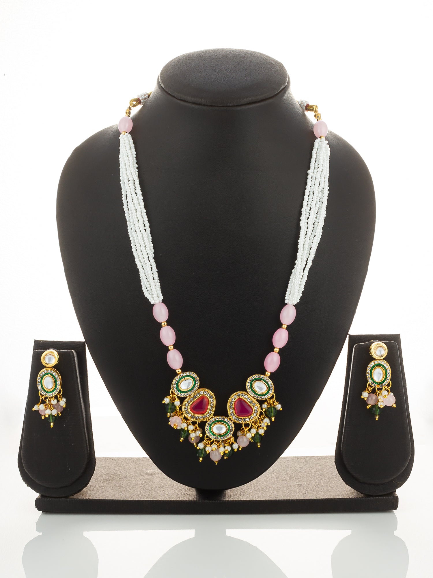 Aadita Gold Plated Kundan and Pink Stone Multi-Strand Pearl Necklace Set
