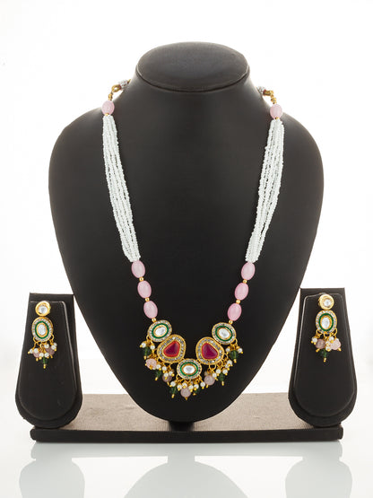 Aadita Gold Plated Kundan and Pink Stone Multi-Strand Pearl Necklace Set