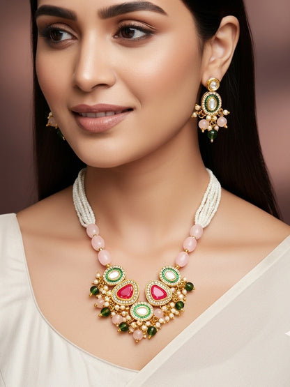 Aadita Gold Plated Kundan and Pink Stone Multi-Strand Pearl Necklace Set