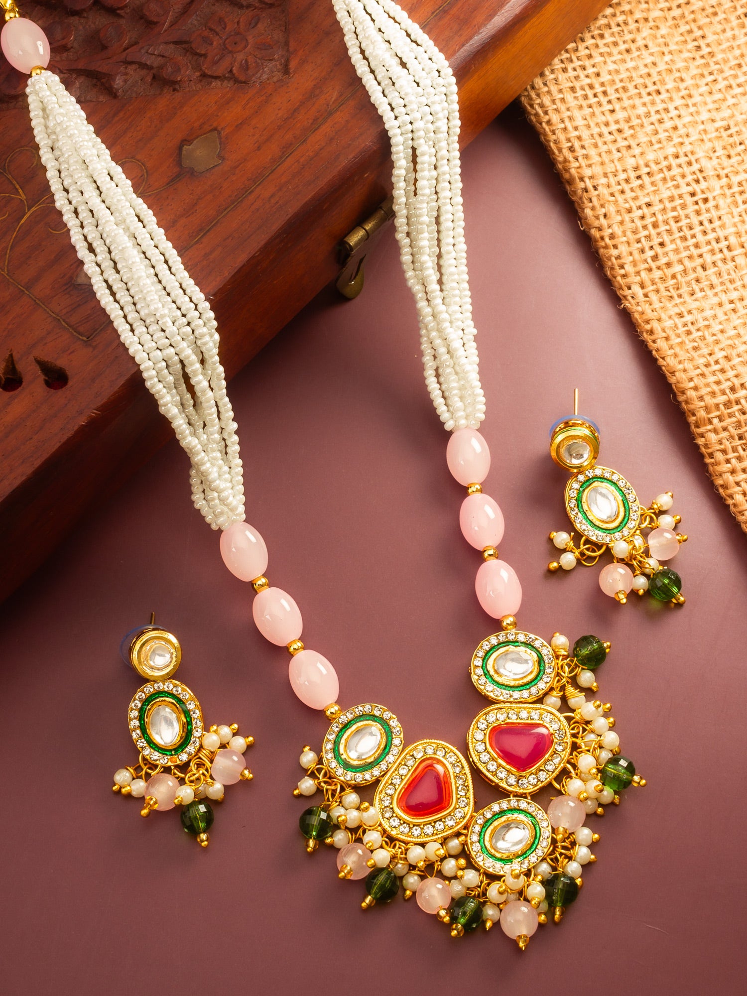 Aadita Gold Plated Kundan and Pink Stone Multi-Strand Pearl Necklace Set