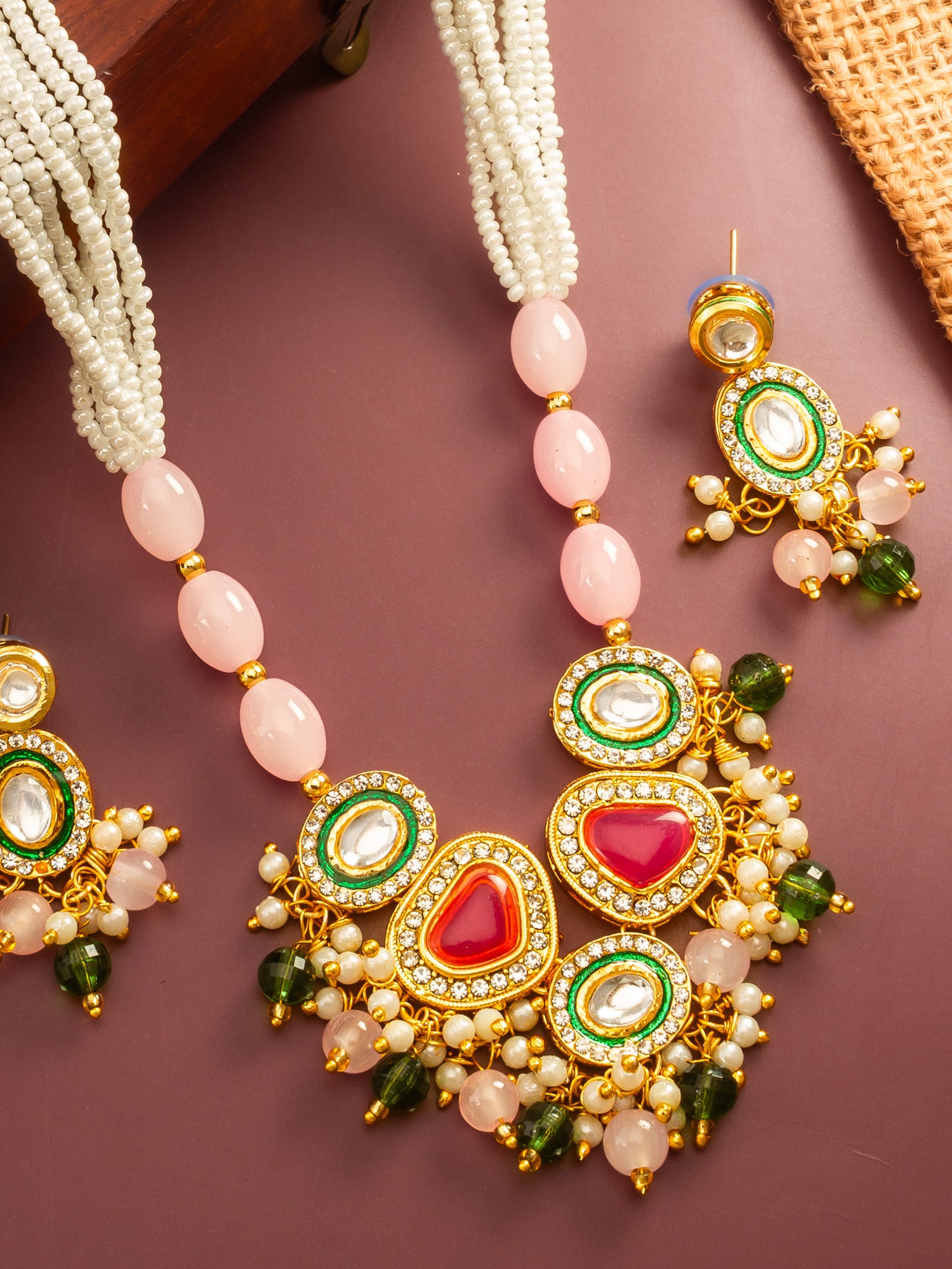 Aadita Gold Plated Kundan and Pink Stone Multi-Strand Pearl Necklace Set