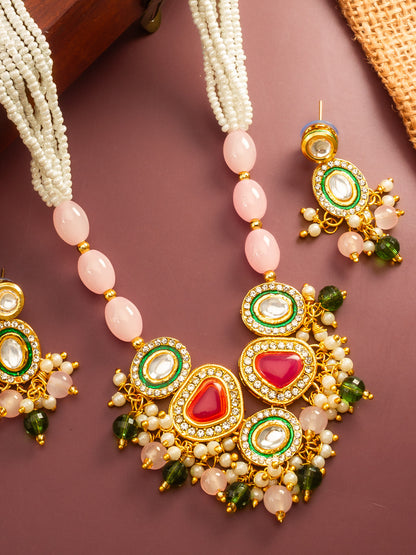 Aadita Gold Plated Kundan and Pink Stone Multi-Strand Pearl Necklace Set