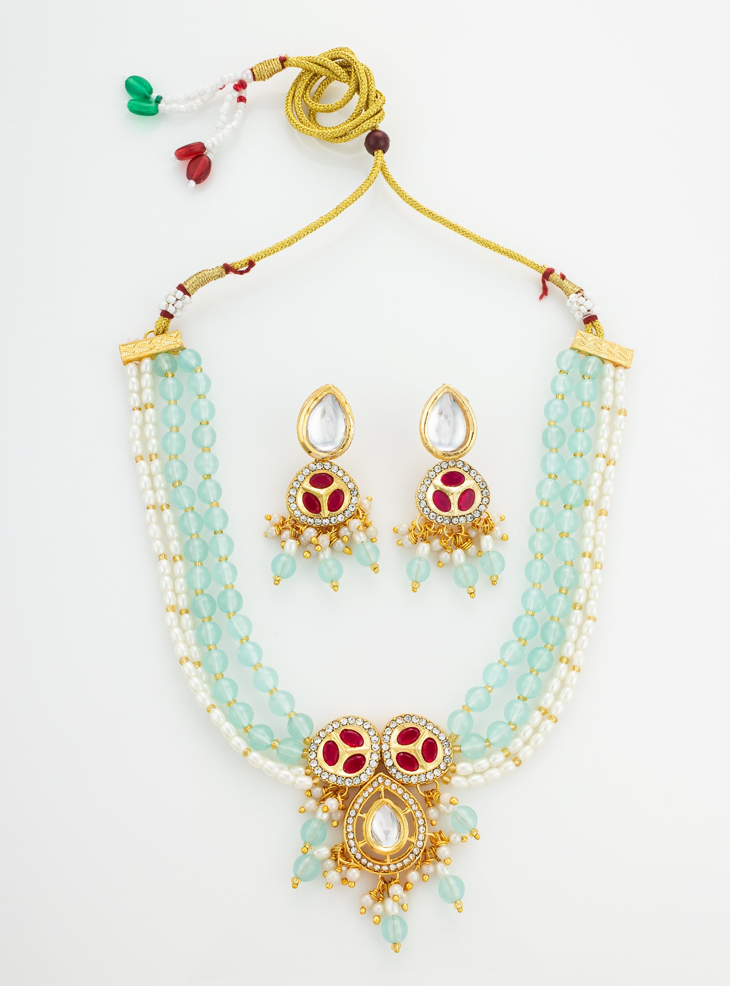 Aadita Mint Green and Pearl Multi-Strand Kundan Necklace Set