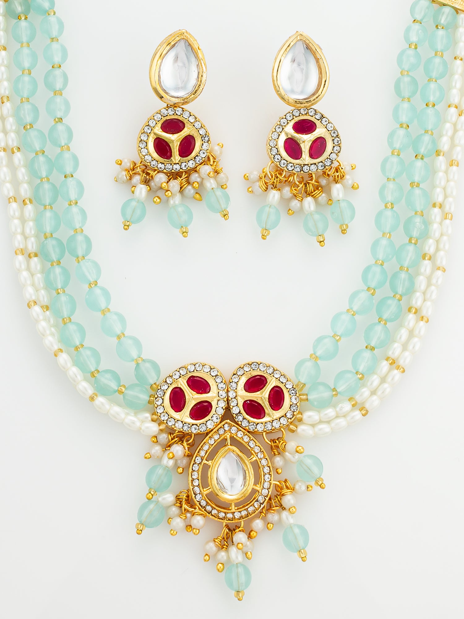 Aadita Mint Green and Pearl Multi-Strand Kundan Necklace Set