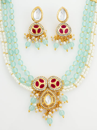 Aadita Mint Green and Pearl Multi-Strand Kundan Necklace Set