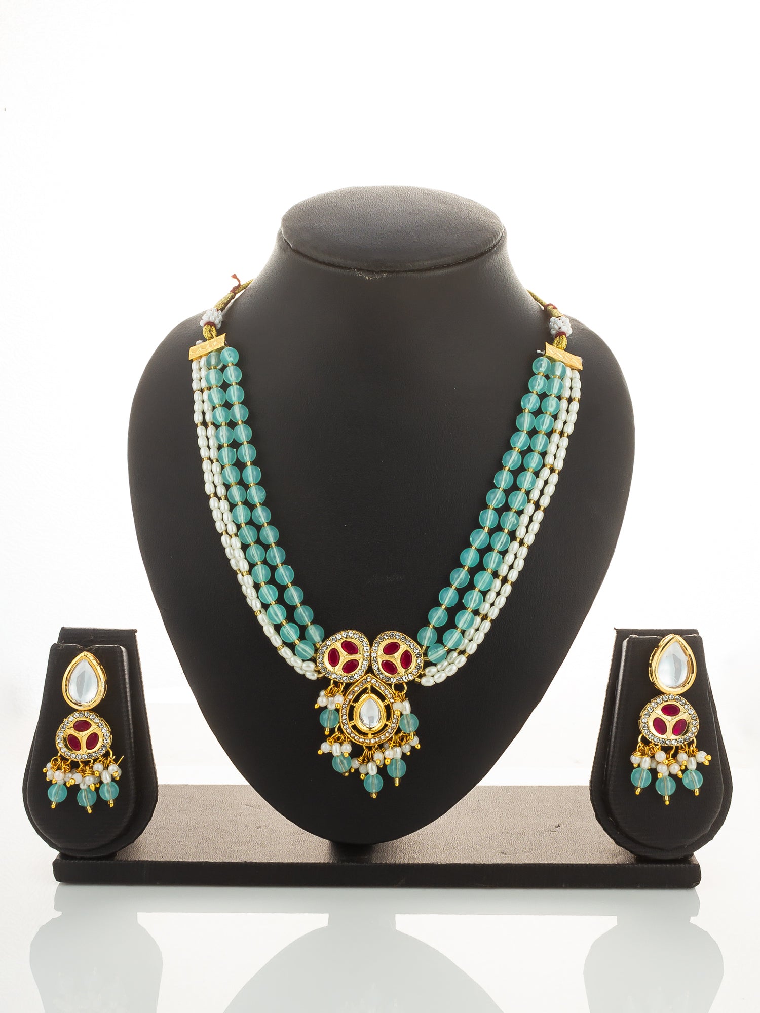 Aadita Mint Green and Pearl Multi-Strand Kundan Necklace Set
