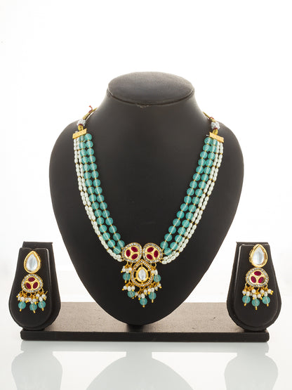 Aadita Mint Green and Pearl Multi-Strand Kundan Necklace Set