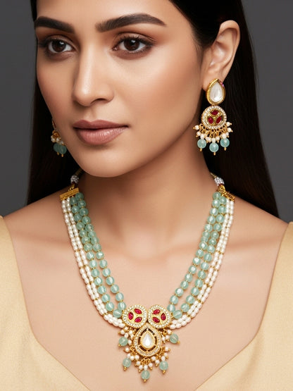 Aadita Mint Green and Pearl Multi-Strand Kundan Necklace Set