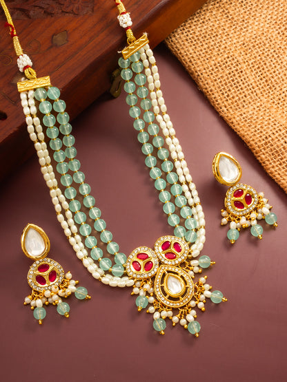 Aadita Mint Green and Pearl Multi-Strand Kundan Necklace Set