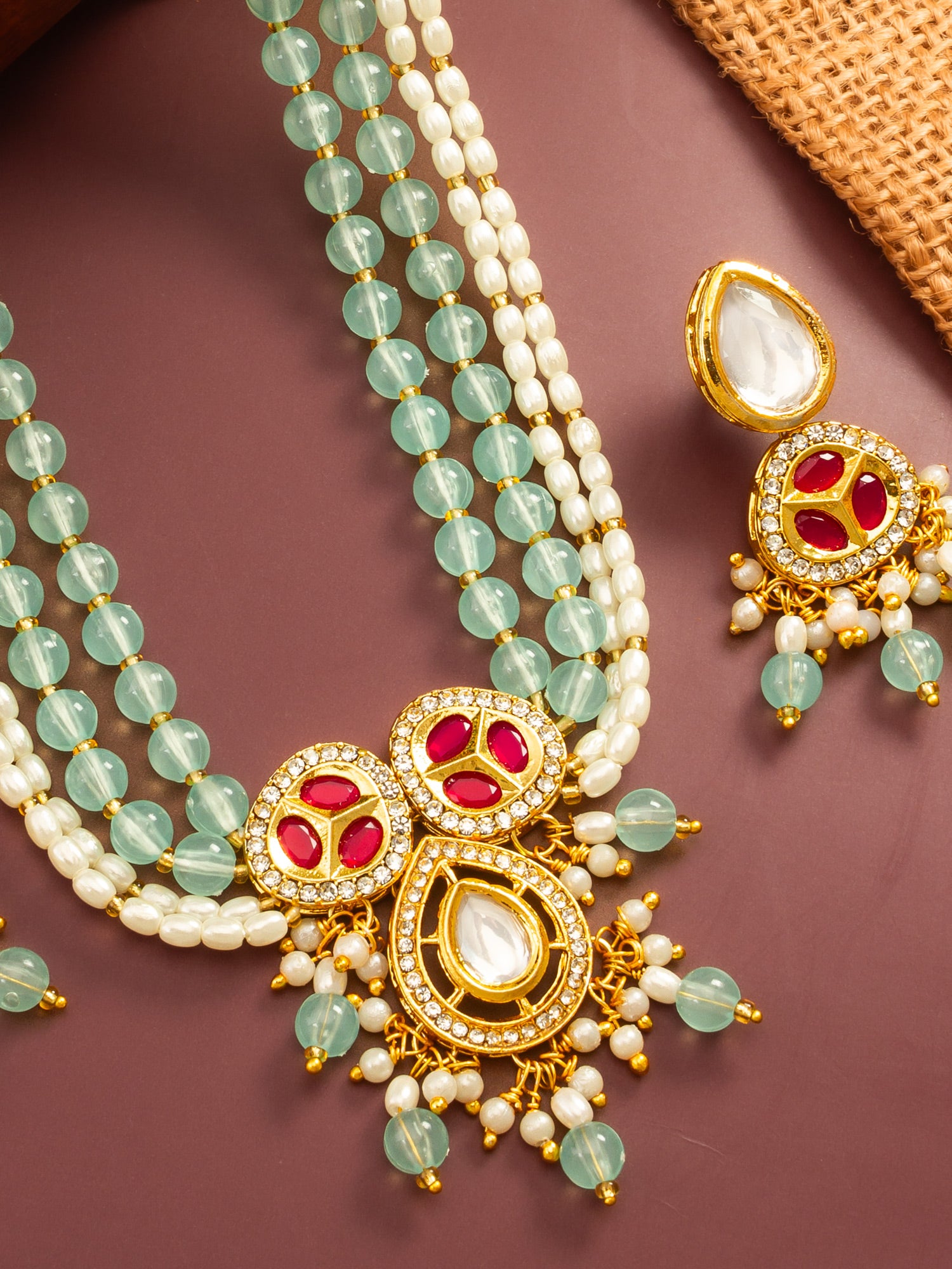 Aadita Mint Green and Pearl Multi-Strand Kundan Necklace Set