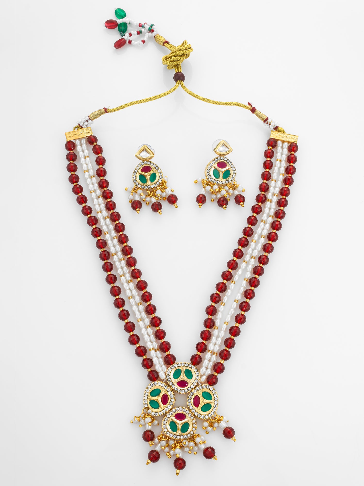 Aadita Ruby Red and Pearl Multi-Strand Kundan Long Necklace Set