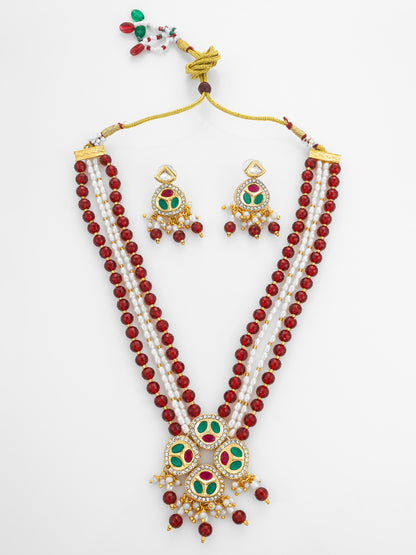 Aadita Ruby Red and Pearl Multi-Strand Kundan Long Necklace Set