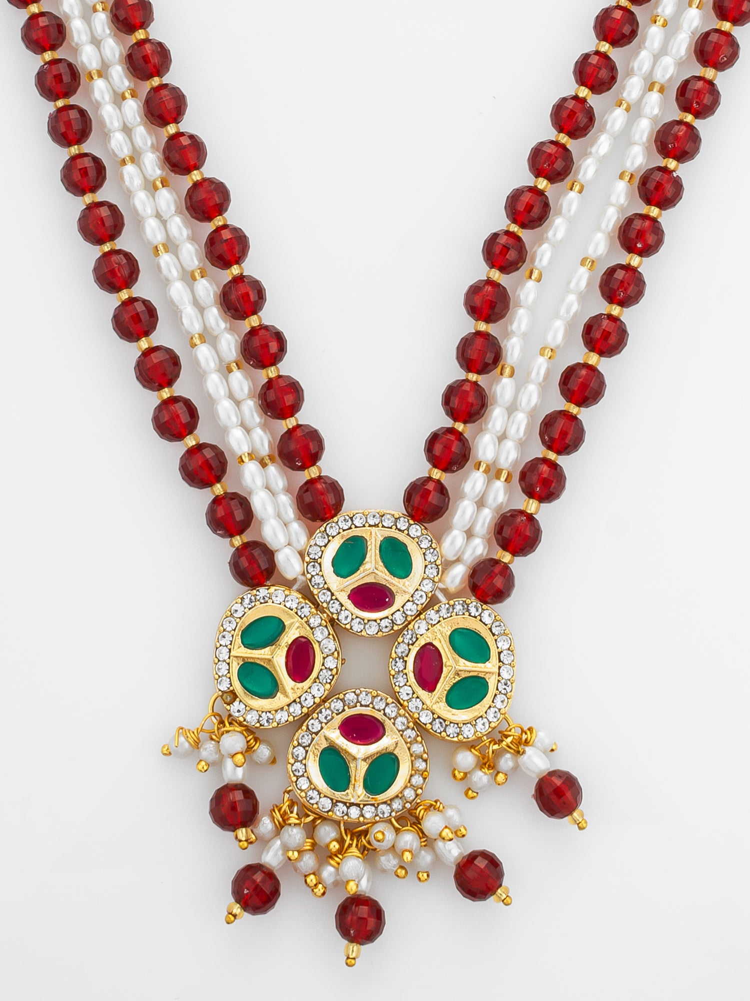 Aadita Ruby Red and Pearl Multi-Strand Kundan Long Necklace Set