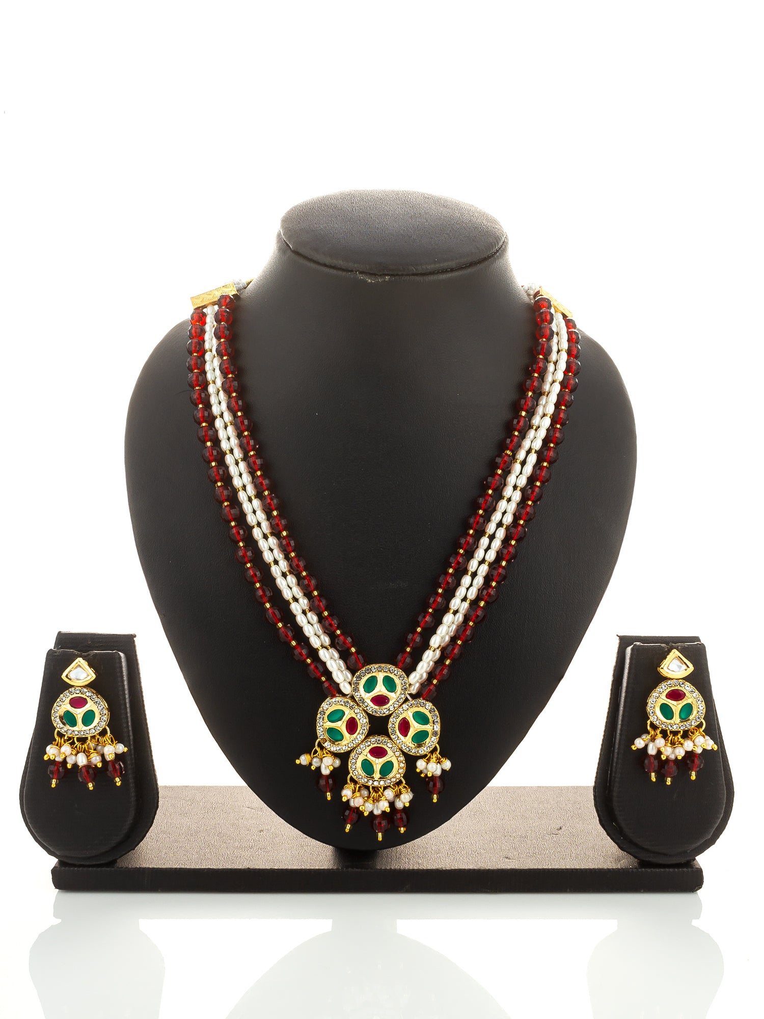 Aadita Ruby Red and Pearl Multi-Strand Kundan Long Necklace Set