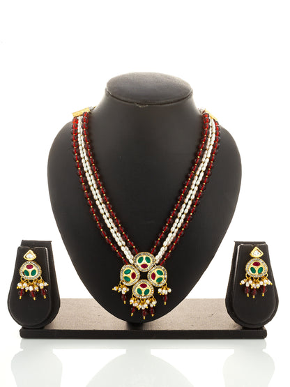 Aadita Ruby Red and Pearl Multi-Strand Kundan Long Necklace Set