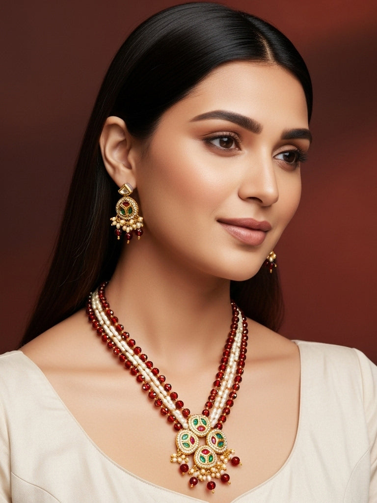 Aadita Ruby Red and Pearl Multi-Strand Kundan Long Necklace Set