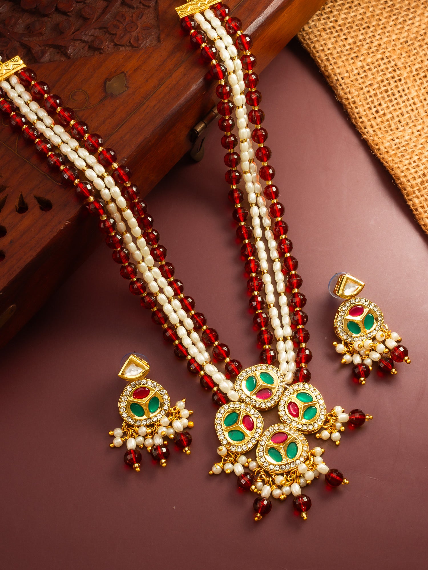 Aadita Ruby Red and Pearl Multi-Strand Kundan Long Necklace Set