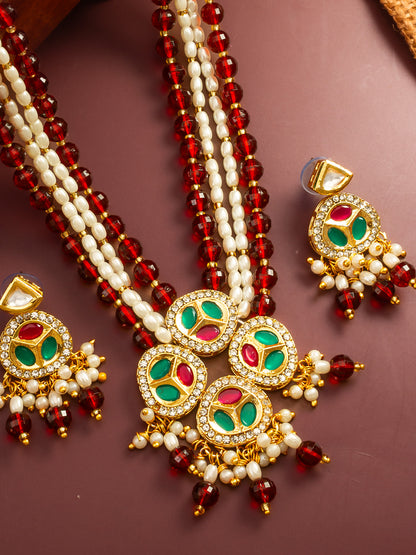 Aadita Ruby Red and Pearl Multi-Strand Kundan Long Necklace Set