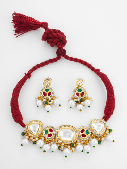 Aadita Traditional Kundan Gold Plated Choker Necklace Set with Pearls