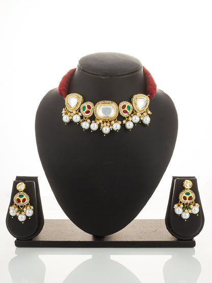Aadita Traditional Kundan Gold Plated Choker Necklace Set with Pearls