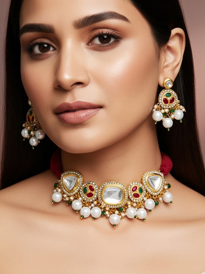 Aadita Traditional Kundan Gold Plated Choker Necklace Set with Pearls