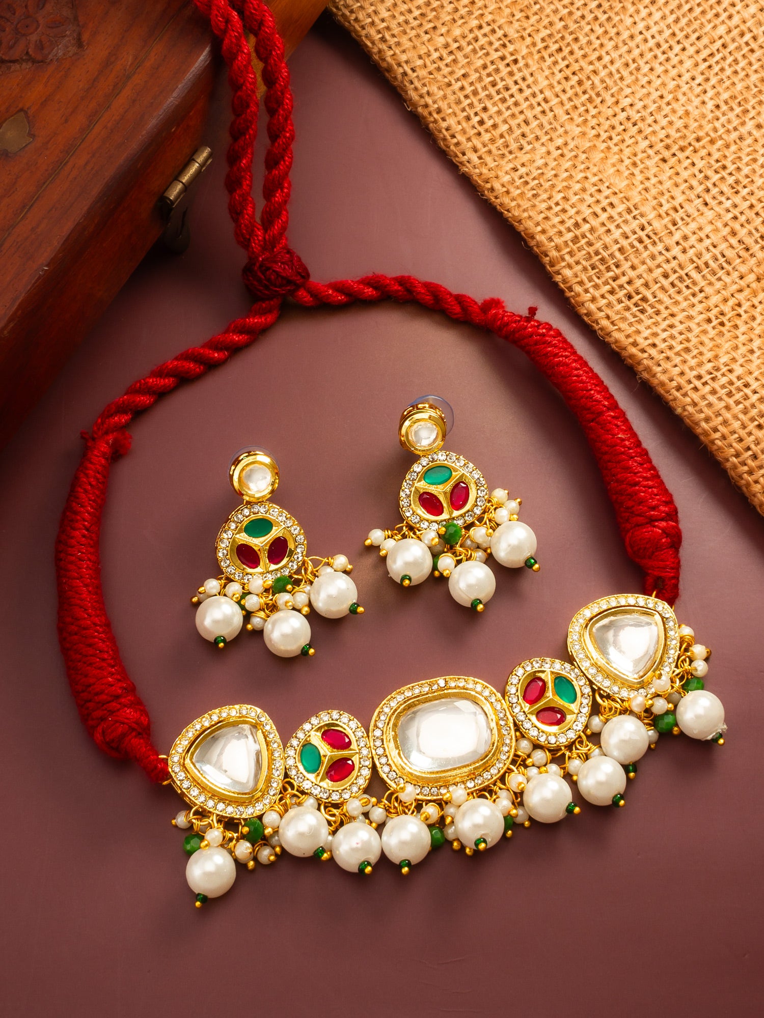 Aadita Traditional Kundan Gold Plated Choker Necklace Set with Pearls