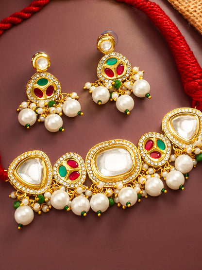 Aadita Traditional Kundan Gold Plated Choker Necklace Set with Pearls