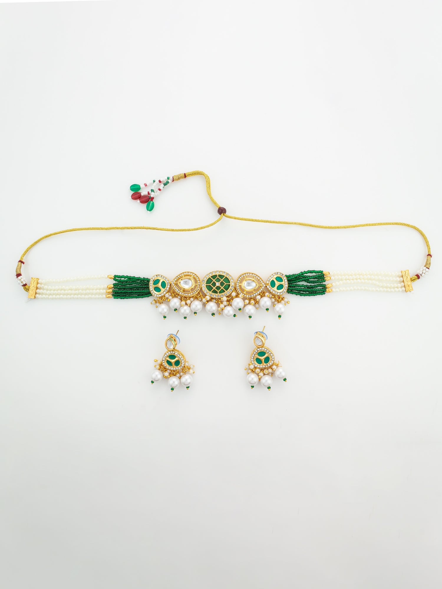 Aadita Green Bead Stranded Kundan Gold Plated Choker Necklace Set