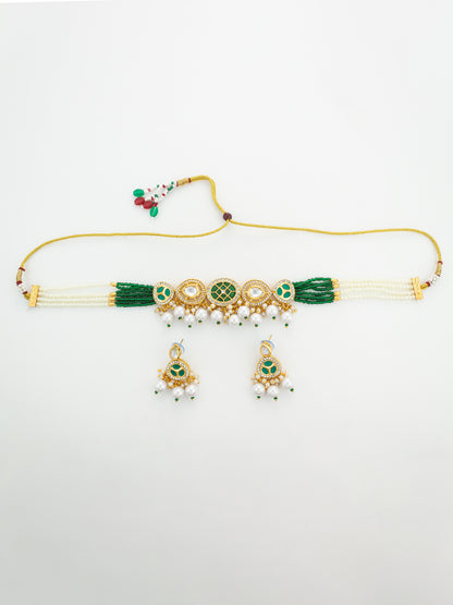 Aadita Green Bead Stranded Kundan Gold Plated Choker Necklace Set