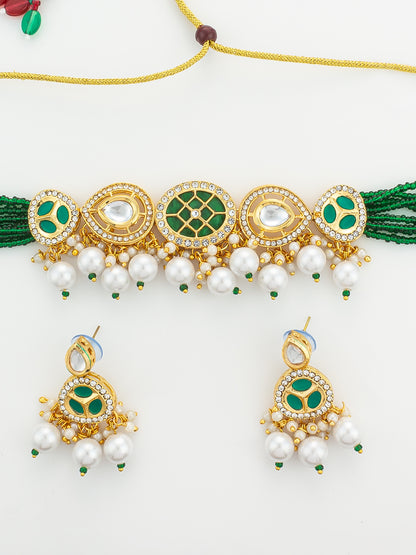Aadita Green Bead Stranded Kundan Gold Plated Choker Necklace Set