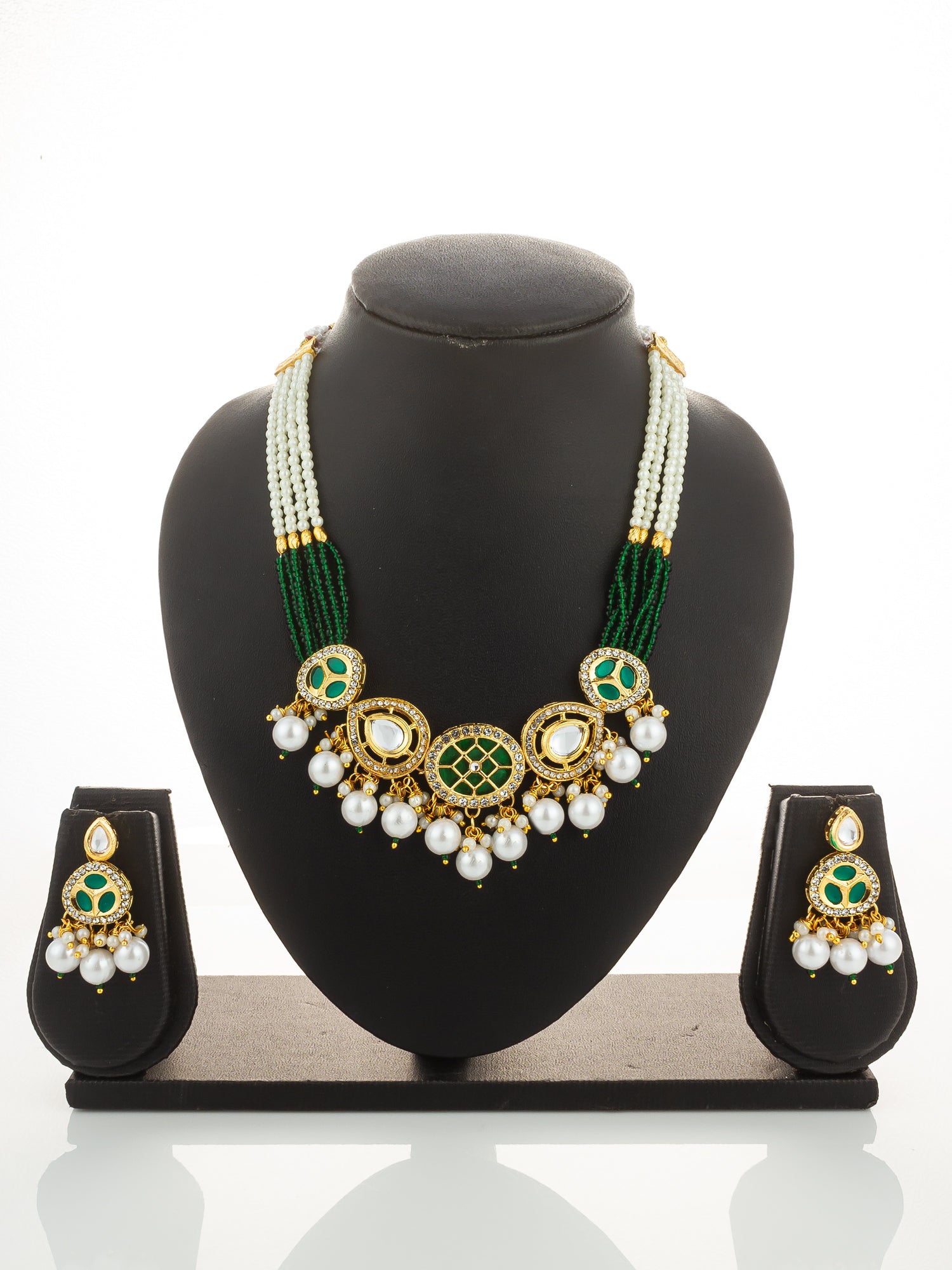 Aadita Green Bead Stranded Kundan Gold Plated Choker Necklace Set