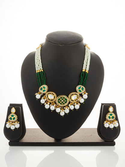 Aadita Green Bead Stranded Kundan Gold Plated Choker Necklace Set