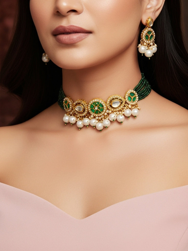 Aadita Green Bead Stranded Kundan Gold Plated Choker Necklace Set