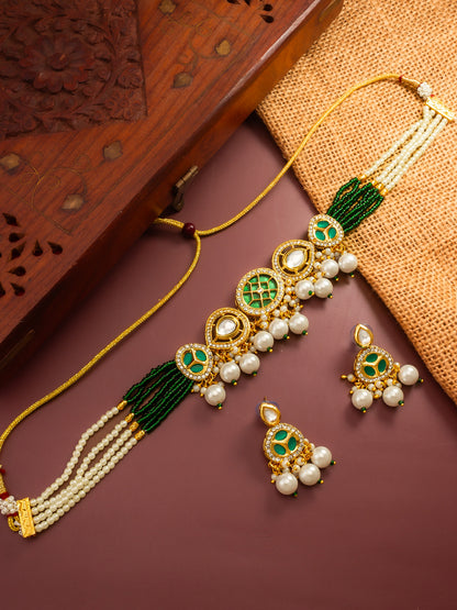 Aadita Green Bead Stranded Kundan Gold Plated Choker Necklace Set