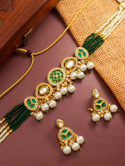 Aadita Green Bead Stranded Kundan Gold Plated Choker Necklace Set