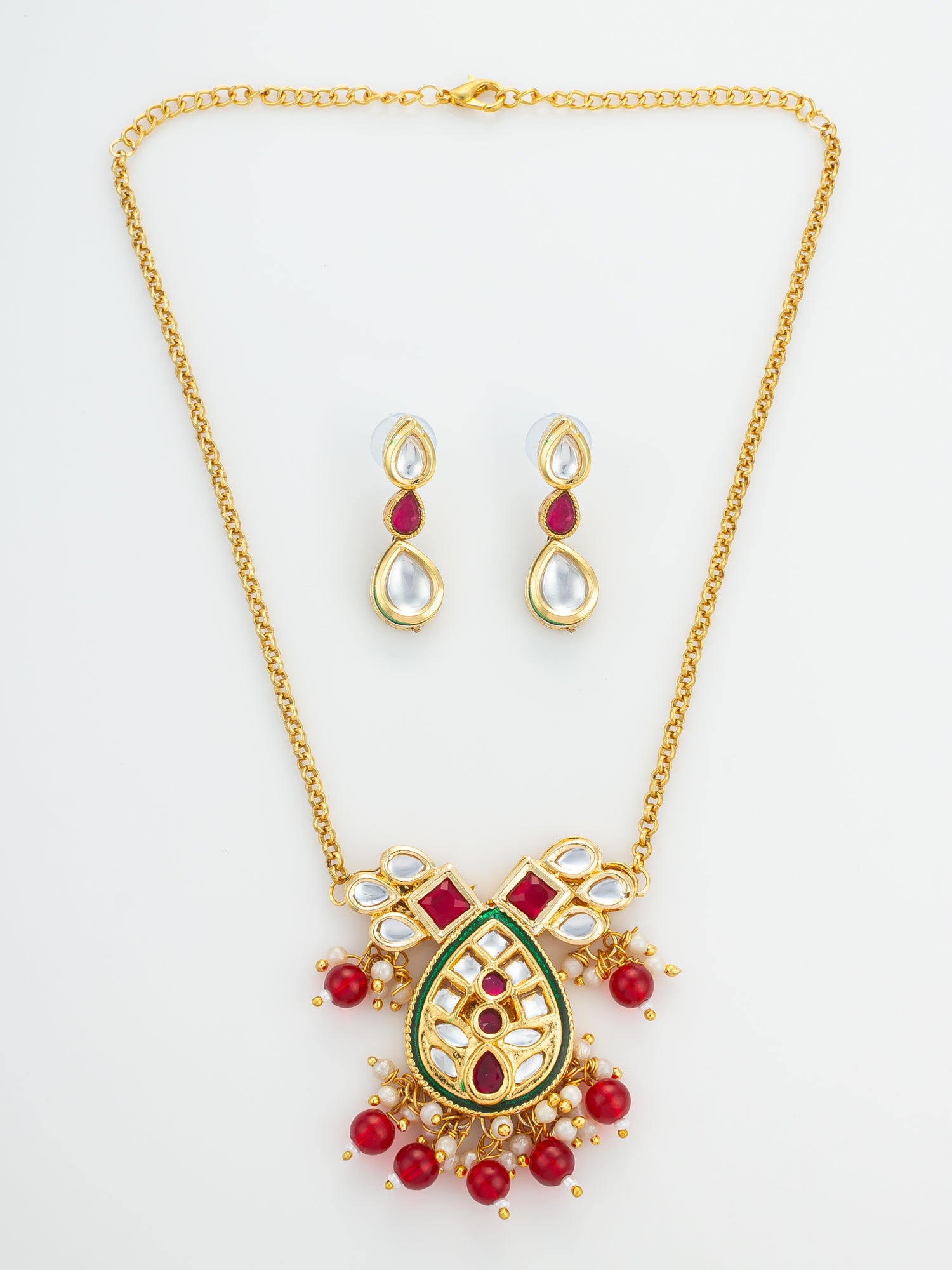 Aadita Ruby Red Kundan Gold Plated Traditional Pendant Necklace Set