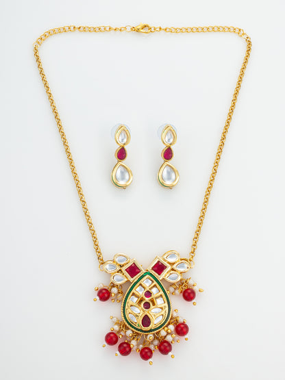 Aadita Ruby Red Kundan Gold Plated Traditional Pendant Necklace Set