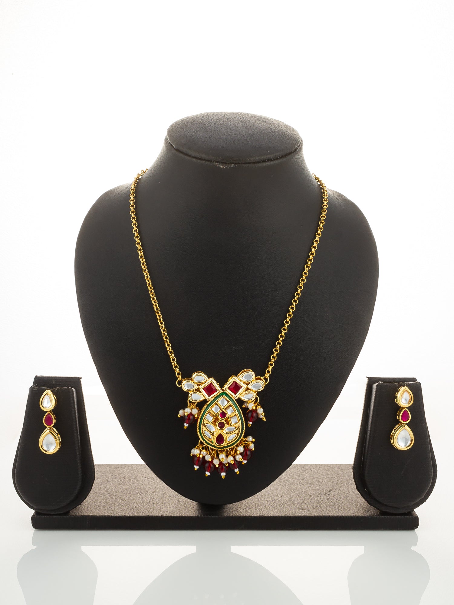 Aadita Ruby Red Kundan Gold Plated Traditional Pendant Necklace Set