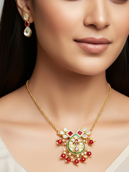 Aadita Ruby Red Kundan Gold Plated Traditional Pendant Necklace Set