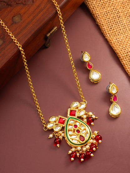 Aadita Ruby Red Kundan Gold Plated Traditional Pendant Necklace Set