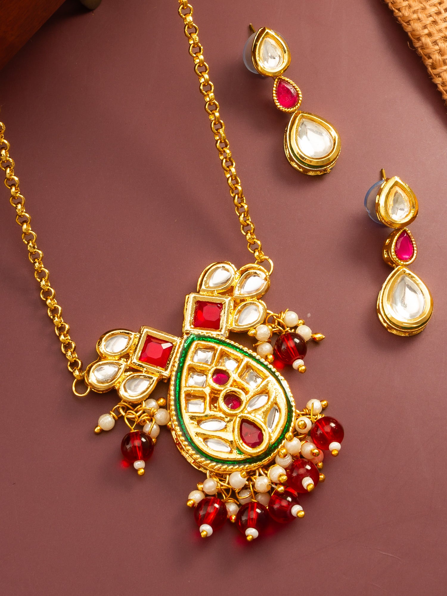 Aadita Ruby Red Kundan Gold Plated Traditional Pendant Necklace Set
