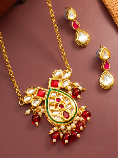 Aadita Ruby Red Kundan Gold Plated Traditional Pendant Necklace Set